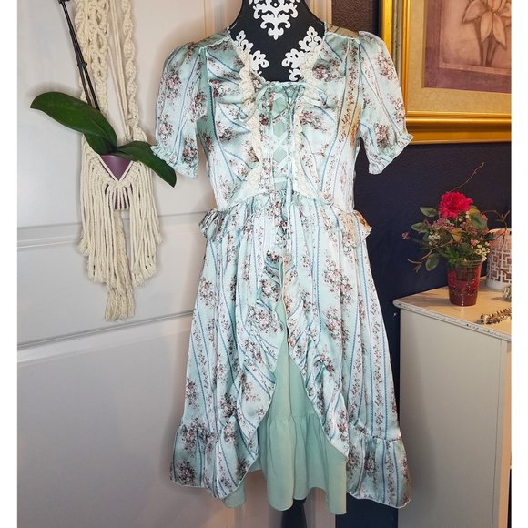 axes femme Dresses & Skirts - Axes Femme Floral Pastel Blue-Green Dress Lace-Up Chest & Flowing Ruffle Skirt